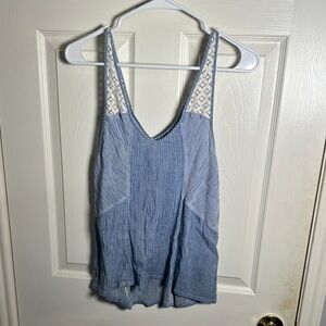 Hollister Blue Striped Tank Top with Lace Detail – Size S